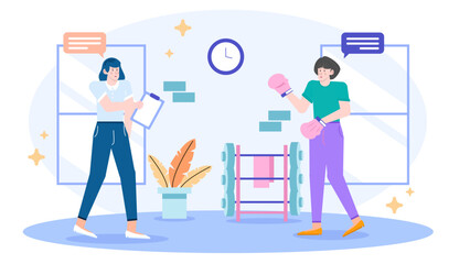 Two women discuss fitness goals near gym equipment. Suitable for fitness blogs, healthy lifestyle articles, gym advertisements, and personal training promotions.