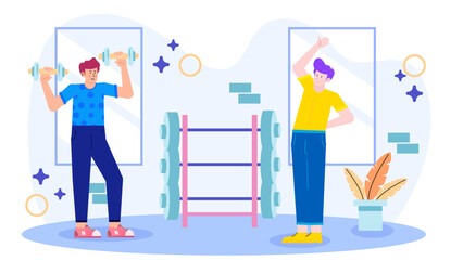 Two men working out in a gym, lifting weights and doing sit-ups, suitable for fitness blogs and gym advertisements.