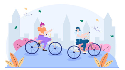 Two women happily bike ride near pastel city buildings. Suitable for travel blogs, lifestyle articles, urban exploration websites, and wellness promotions.
