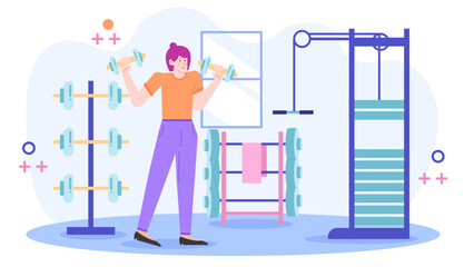 Woman lifting dumbbells in a gym, showcasing strength and fitness. Suitable for promoting gym memberships, fitness programs, or workout equipment.