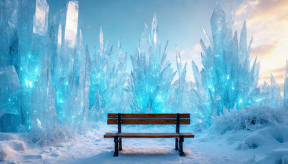 Magical Winter Fantasy Scene with Ice Crystals and Wooden Bench, Surreal Frozen Landscape, Dreamy Atmosphere