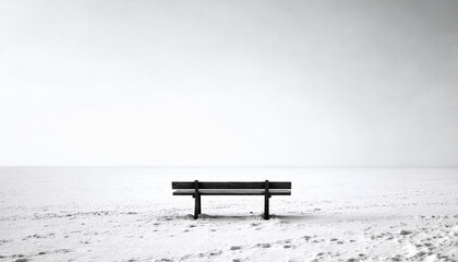 Minimalist Winter Bench in Snowy Field, Monochrome Landscape