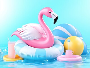 Fototapeta premium Pink flamingo pool float with accessories