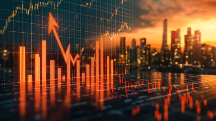 Financial growth chart over city skyline at sunset