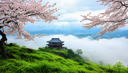 Traditional Korean Hanok House on Foggy Hill with Cherry Blossoms