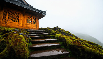 Rustic Wooden House on Misty Asian Hilltop with Moss-Covered Stone Steps