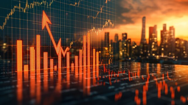 Financial growth chart over city skyline at sunset