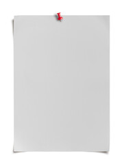 white note paper texture with curled corner, pinned red push button, ready for your message. Front view. white poster mockup on wall. empty paper mockup png, clipping path