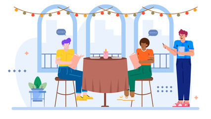 Three friends dining outdoors at a patio table, suitable for restaurant promotions, friendship themes, social gatherings, food, and beverage imagery.