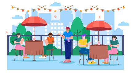 Friends relaxing at rooftop cafe with city views, colorful umbrellas. Suitable for travel blogs, lifestyle magazines, and social media posts.