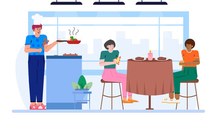 Chef serving diverse diners various foods. Suitable for restaurant promotions, multicultural menus, hospitality industry, food service websites, and advertising campaigns.