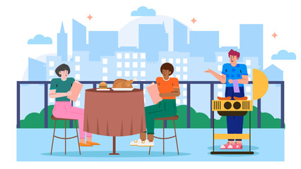Three friends enjoy a rooftop meal grilling and reading books. Suitable for summer promotions, lifestyle blogs, and social media posts.