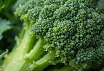 Fresh Green Broccoli with Water Droplets – Close-Up Macro Shot