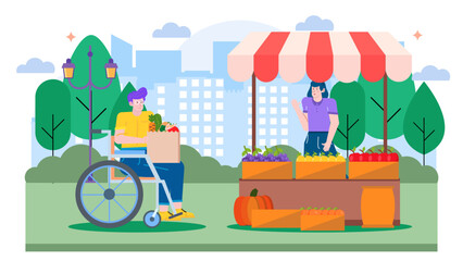 Person in a wheelchair at outdoor market buying produce. Inclusivity, disability representation, market activities, healthy lifestyle, agriculture, outdoor scenes.