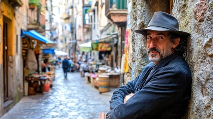 Mature man in a hat leaning against a stone wall in a bustling, picturesque European alleyway lined with shops.