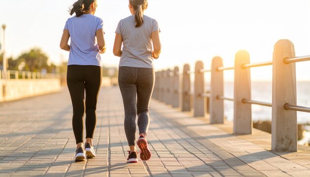 Two women jogging together outdoors on a sunny day near a seaside promenade
