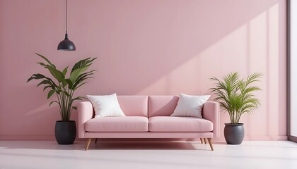 Soft Pink Sofa With Green Plants In Sunlight Lit Room