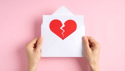 Hands holding a white envelope containing a broken red heart on a pink background