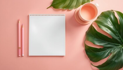 Minimalist flat lay with pink stationery tropical leaves and a cup of tea