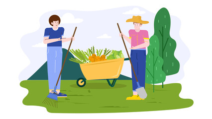 Two happy gardeners harvest vegetables in a wheelbarrow. Perfect for organic farming, gardening, harvest, teamwork, agriculture, sustainable living concepts.