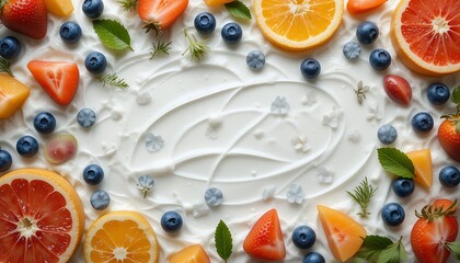 Fresh Creamy Dessert With Mixed Berries And Citrus Fruits Decoration