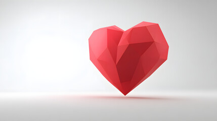 Red polygonal heart floating in space, symbolizing modern love and geometry