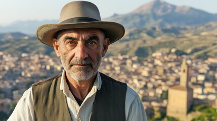Mature man in a hat, looking directly at camera, with a town and mountains in the background.