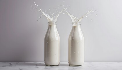 Two Glass Bottles of Milk Splashing High with Liquids Against a White Background