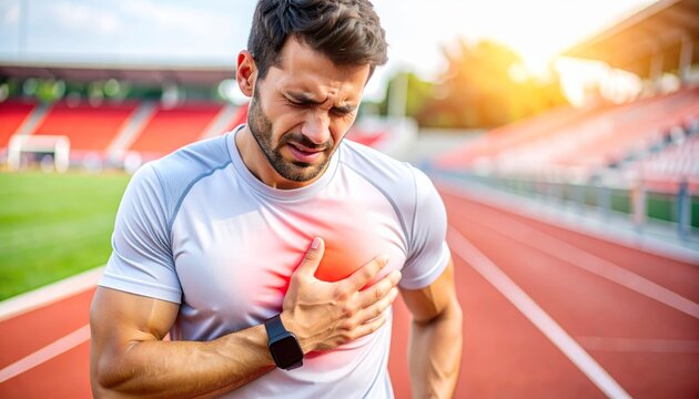 Man experiencing chest pain while running on a track during a workout session - Powered by Adobe
