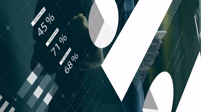 Man holding smartphone with pastry tapping screen and swiping bar charts into finance AR dashboard