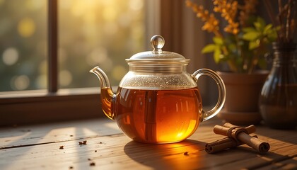 Warm amber tea brewing in a glass teapot on a wooden table bathed in sunlight