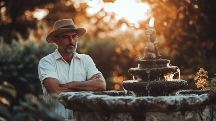 Mature man in a hat stands outdoors near a fountain in a garden at golden hour.