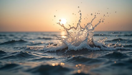 Dynamic Ocean Water Splash at Sunset With Sunbeams and Gentle Waves