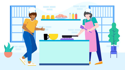 Two chefs joyfully cook together in a busy kitchen, ideal for culinary blog, restaurant promotions, cooking classes, food magazines.