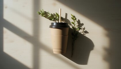 Sustainable takeaway coffee cup with natural elements and sunlight casting shadows
