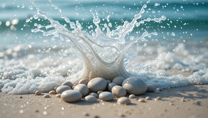 Ocean waves crash onto a sandy beach creating a beautiful water splash around smooth pebbles