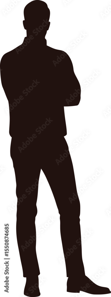 Poster silhouette of standing man with arms crossed isolated on white background simple figure visual conce
