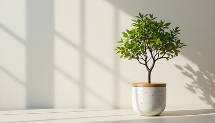 Sunlit Corner Featuring a Small Green Tree in a Speckled White Pot