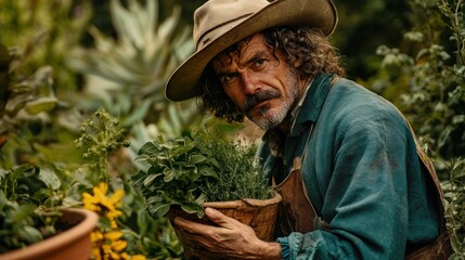 Mature man in a rustic garden holding a pot of herbs.