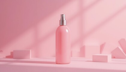 Elegant Pink Spray Bottle Displayed on a Minimalist Stage with Geometric Shapes and Soft Lighting
