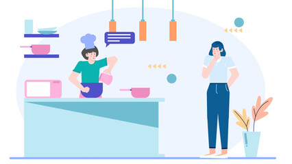 Chef cooking with woman observing in kitchen. Suitable for cooking blogs, culinary websites, and restaurant advertisements.