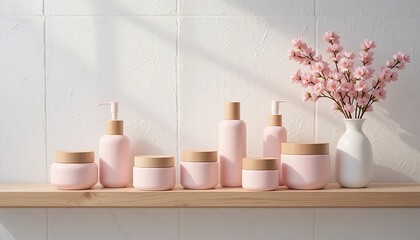 Delicate Beauty Products and Soft Cherry Blossoms on a White Background