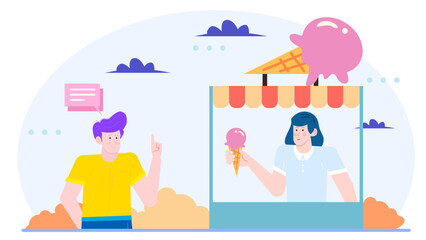 Customer eagerly ordering ice cream from a colorful vendor stand. Perfect for food blog, summer promotions, or dessert themed advertising materials.