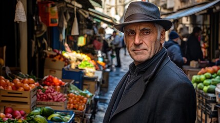 Mature man in a market, looking directly at camera, surrounded by fresh produce and shoppers.