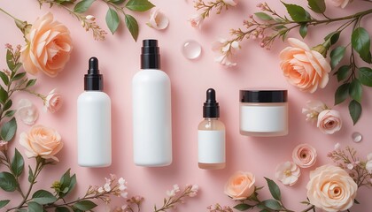Natural Skincare Products with Delicate Floral Accents and Soft Lighting