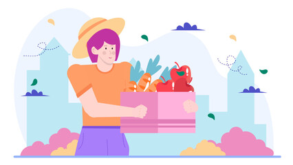 Woman carries pink box of apples and carrots. Perfect for health and wellness concepts, grocery or farm related designs, and food blogs.