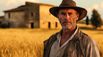 Mature man in a rustic hat stands in a golden wheat field, facing the camera with a serious expression, while an aged stone building is in the background.