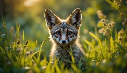 Adorable Fox Cub Peeking Through Lush Green Meadow in Golden Hour Sunlight