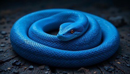 A Vibrant Blue Serpent Coiled Mysteriously on a Textured Earthy Surface