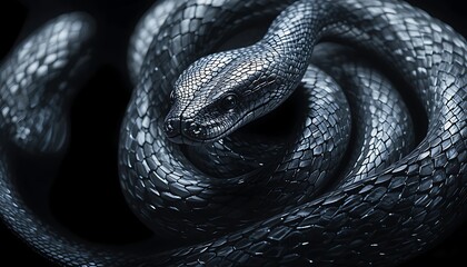 Close up dark image of a coiled black snake showing its scales